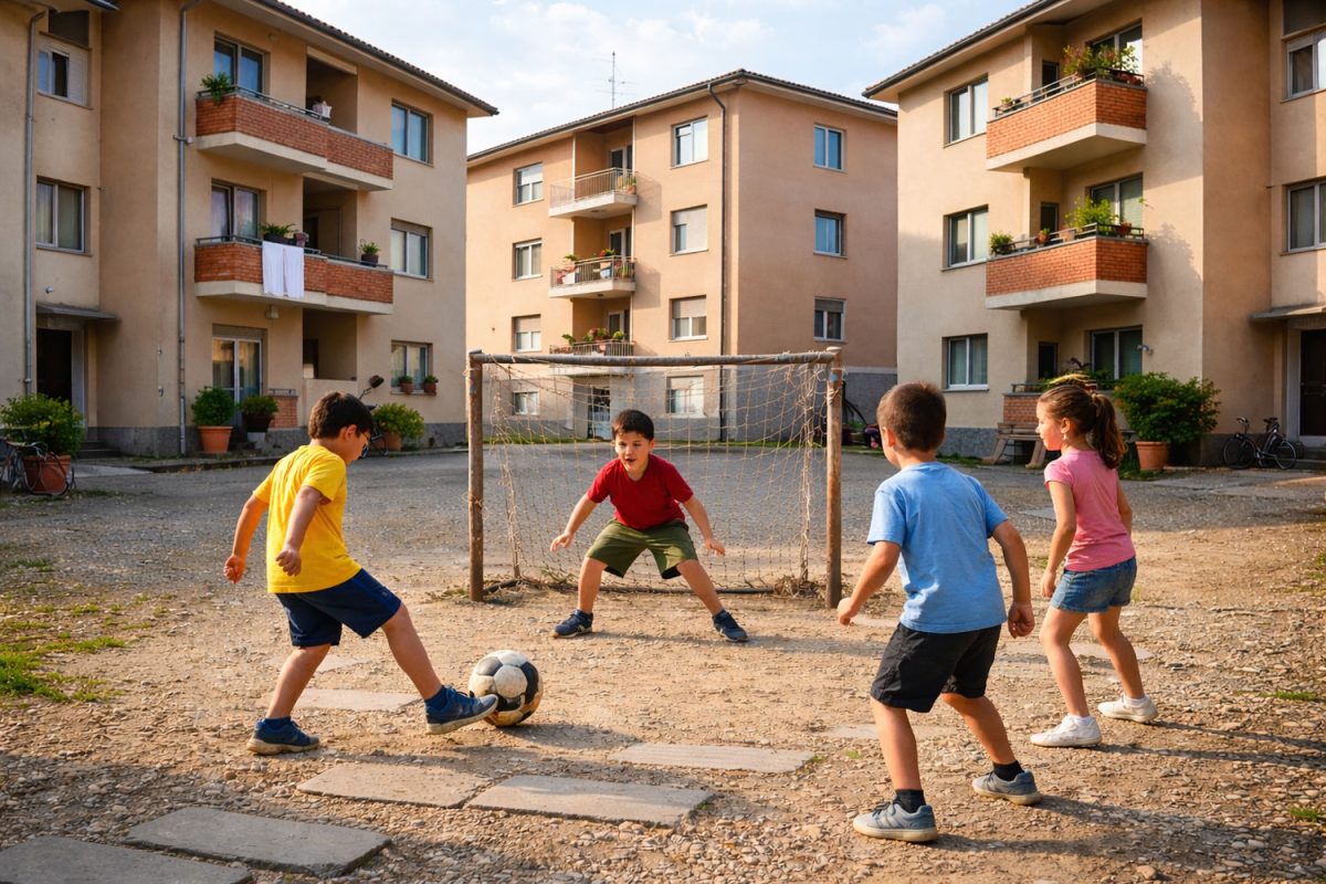 Bambini che giocano a pallone in un cortile sterrato tra palazzi anni ’80, simbolo del calcio autentico di una volta