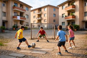 Bambini che giocano a pallone in un cortile sterrato tra palazzi anni ’80, simbolo del calcio autentico di una volta
