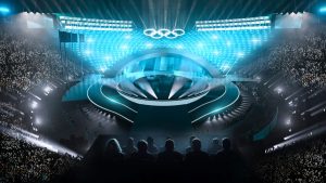 Cerimonia di chiusura delle Olimpiadi Invernali Milano-Cortina 2026 con palco centrale e anelli olimpici illuminati