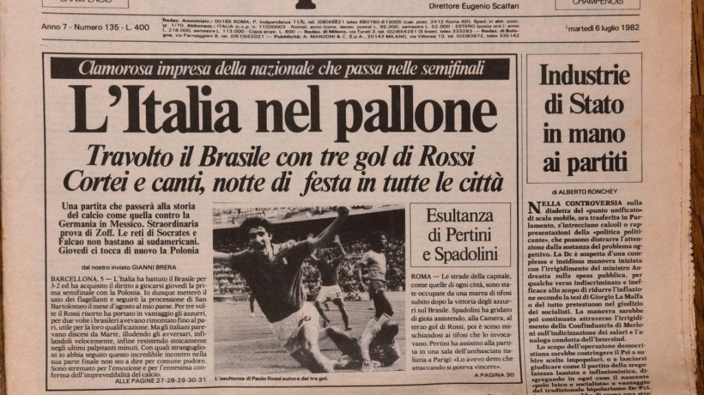 Prima pagina del 6 luglio 1982 che celebra Italia-Brasile 3-2 e la tripletta di Paolo Rossi