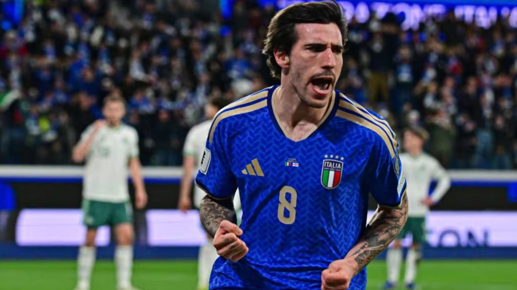 Sandro Tonali esulta dopo il gol contro l’Irlanda del Nord nella partita del 26 marzo 2026