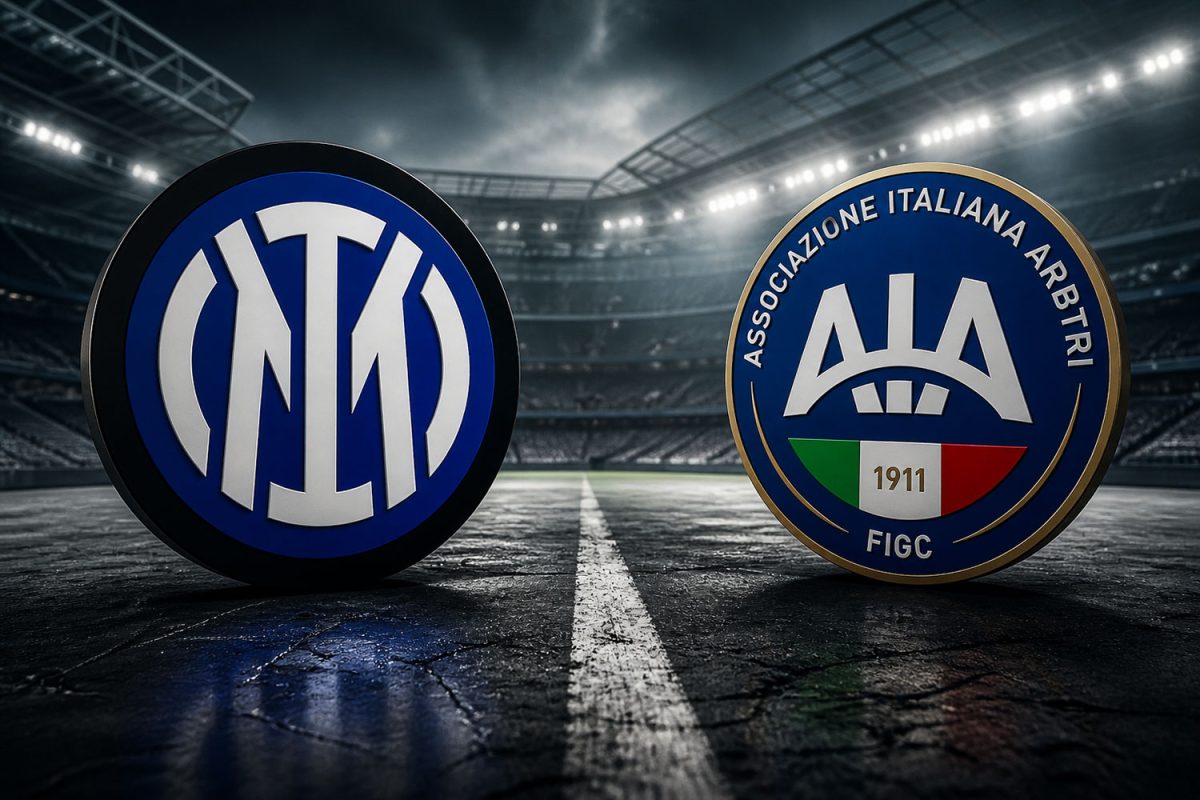 Stemma Inter e stemma AIA su sfondo stadio illuminato, tema Calciopoli e polemiche arbitrali