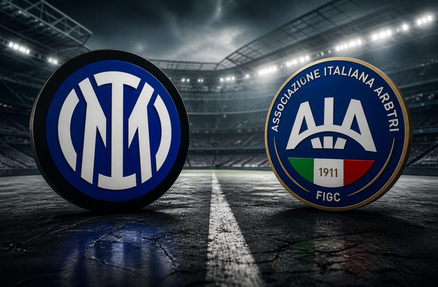 Stemma Inter e stemma AIA su sfondo stadio illuminato, tema Calciopoli e polemiche arbitrali